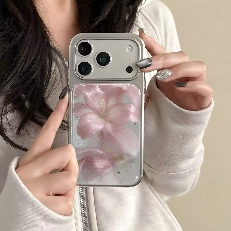 Phone Cases Iphone 13 - เคสโทรศัพท์ลายดอกลิลลี่สีชมพู พร้อมกาวหยดสีชมพู สำหรับ iPhone Duo 18